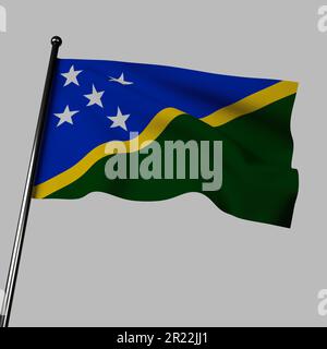 Die 3D-Darstellung der Flagge der Salomonen weht vor grauem Hintergrund. Er ist blau und gelb mit einem diagonalen Streifen und grünen s Stockfoto