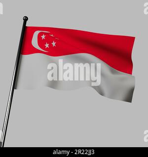 3D Darstellung der Flagge Singapurs, die grau wedelt. Durch einen roten horizontalen Streifen über einem weißen horizontalen Streifen geformt. In der Ecke ist ein Halbmond Stockfoto