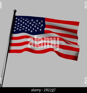 Die amerikanische Flagge winkt 3D auf grau. Er hat abwechselnd rote und weiße Streifen für Tapferkeit und Reinheit, mit einem blauen Feld in der Ecke, das für l steht Stockfoto