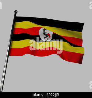 Die Flagge Ugandas weht 3D vor grauem Hintergrund. Es besteht aus sechs horizontalen Streifen aus Schwarz, Gelb und Rot mit einem weißen Kreis Stockfoto