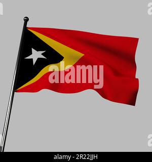 3D Darstellung von Timor-Lestes Flagge, die im Wind windet, isoliert auf Grau. Die Flagge enthält Ein rotes Feld mit den schwarzen gleichschenkligen Dreiecken Stockfoto