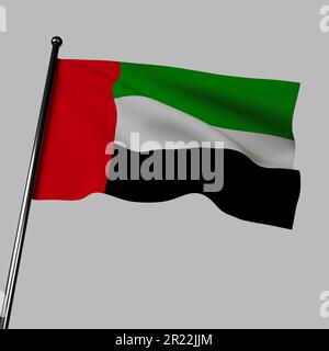 Die Flagge der Vereinigten Arabischen Emirate flattert anmutig im Wind in diesem 3D-Bild, vor einem grauen Hintergrund. Stockfoto