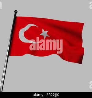 Die 3D. Flagge der Türkei weht stolz vor einem grauen Hintergrund. Es verfügt über ein rotes Feld mit einem weißen Stern und Halbmond in der Mitte. Stockfoto