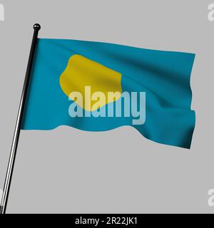 Palau-Flagge, blau mit gelbem Kreis und goldenen Rochen. Repräsentiert Mond, Natur, Frieden. 3D-Abbildung auf grauem Hintergrund. Stockfoto