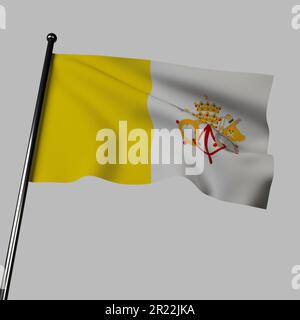 Die Flagge der Vatikanstadt fliegt 3D stolz vor grauem Hintergrund. Es besteht aus zwei vertikalen Streifen aus Gold und Weiß Stockfoto