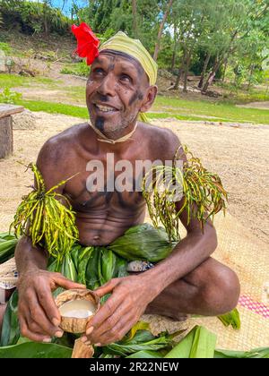 Kava ist ein traditionelles und kulturell bedeutsames Getränk in Vanuatu. Es wird aus den Wurzeln der Kava-Pflanze, wissenschaftlich bekannt als Piper methysticum, hergestellt. Die Wurzeln werden zu einem feinen Pulver gemahlen, das dann mit Wasser vermischt wird und zu einem schlammigen, erdigen Getränk wird. Kava wird seit Jahrhunderten in Vanuatu konsumiert und ist tief mit sozialen, zeremoniellen und medizinischen Aspekten der lokalen Kultur verflochten. Sie wird oft von Freunden und Familie bei Versammlungen oder offiziellen Zeremonien geteilt und fördert Entspannung, soziale Bindungen und ein Gemeinschaftsgefühl. Kava ist bekannt für seine beruhigenden Eigenschaften, Prov Stockfoto