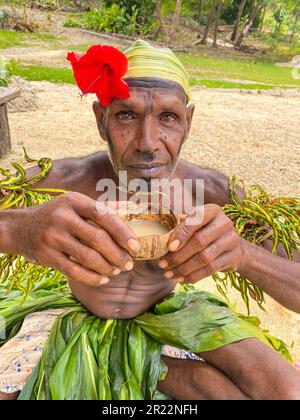 Kava ist ein traditionelles und kulturell bedeutsames Getränk in Vanuatu. Es wird aus den Wurzeln der Kava-Pflanze, wissenschaftlich bekannt als Piper methysticum, hergestellt. Die Wurzeln werden zu einem feinen Pulver gemahlen, das dann mit Wasser vermischt wird und zu einem schlammigen, erdigen Getränk wird. Kava wird seit Jahrhunderten in Vanuatu konsumiert und ist tief mit sozialen, zeremoniellen und medizinischen Aspekten der lokalen Kultur verflochten. Sie wird oft von Freunden und Familie bei Versammlungen oder offiziellen Zeremonien geteilt und fördert Entspannung, soziale Bindungen und ein Gemeinschaftsgefühl. Kava ist bekannt für seine beruhigenden Eigenschaften, Prov Stockfoto