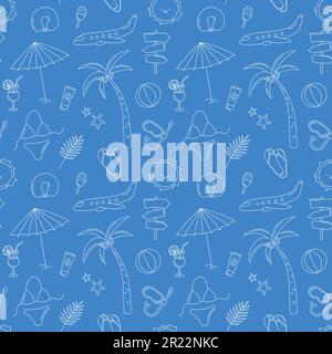Sommerurlaub nahtloses Muster. Vektorkritzele Reisehintergrund. Lustige blau-weiße, handgezeichnete Strand- und Tripselemente Stock Vektor