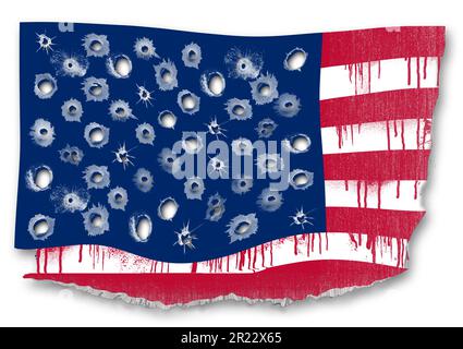 Die Überreste einer US-Flagge sind zerrissen, zerrissen und voller Einschusslöcher und Blut in einer 3-D-Illustration über Waffengewalt in Amerika zu sehen. Stockfoto