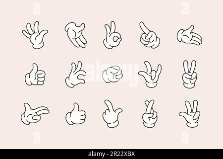 Retro-Cartoon-Hände in verschiedenen Gesten mit OK-Zeichen, Zeigefinger, Daumen nach oben, Rock-Zeichen, High Five. Vector Comic Arms in Handschuhen in 1930 S. Stock Vektor