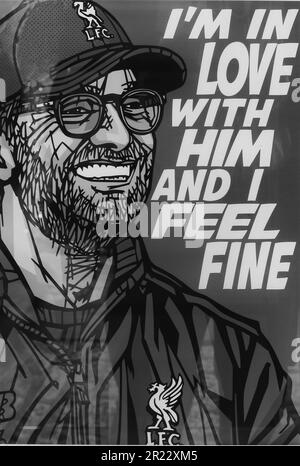 Klopp der Mainzer, LFC Liverpool Football Club Manager Sketch Art - Ich bin in ihn verliebt und ich fühle mich gut - Beatles Text aus I Feel Fine Stockfoto