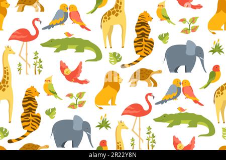 Tropische exotische Tierfilme mit nahtlosem Muster. Lustiger hawaiianischer Papagei, afrikanischer Safari-Löwe, Tiger, Giraffen-Elefant, Dschungelkrokodil. Tropische Schildkröte, Flamingo, endlose, wiederholte Tapete Hintergrund Stock Vektor