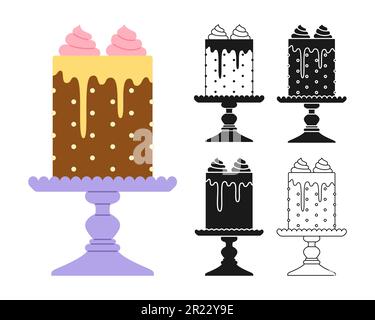 Geburtstagskuchen Feier Dessert Zeichentrickfilm Symbolstempel, Line Doodle Design Set. Party köstlicher Cupcake süße leckere Backwaren-Sammlung. Kuchen zum Hochzeitstag, Dekoration, leckeres Gebäck, Vektordesign Stock Vektor