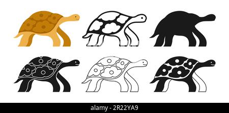 Cartoon-Set im wilden Reptil-Stil mit Schildkröte. Tropische exotische Schildkröten-Side-View-Symbol, Line Doodle, Stempel-Silhouetten-Kollektion. Eine flache Amphibien-Tierlegende. Handgezeichneter einfacher abstrakter Zoovektor Stock Vektor