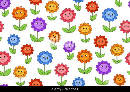Blumen Kamille Cartoon Wiese Retro Nahtloses Muster. Sommer Kinder lineare blumige Comic-Figuren mit Smiley-Gesichtern Ornamenten. Kinderwildblumen kritzeln endlose Textilvektordarstellung im Hintergrund Stock Vektor