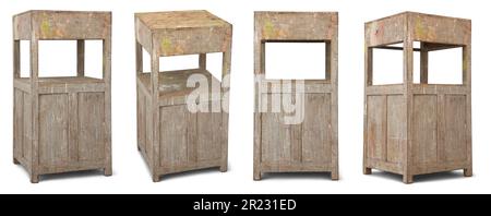 Set aus altem und verwittertem Nachttisch-Schrank, isoliert auf weißem Hintergrund, Innenschrank aus Holz oder Möbel mit verblasster lackierter Oberfläche, Modell-Templa