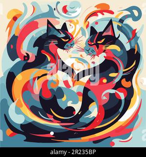Zwei abstrakte Katzen, die sich prügeln, im Stil von Wassily Kandinsky Stock Vektor