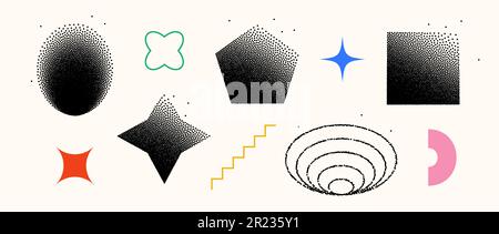 Satz aufgelöster Formen. Sammlung der verblassten Grundkörper aus Quadrat, fünfeck, Stern, Rechteck und Ellipse. Figuren mit Halbtonstaubgradient. Geometrische Elemente aus Partikeln, Flecken, Flecken. Vektor Stock Vektor