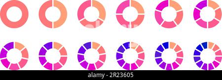 Segmentsammlung für Ringdiagramme. Raddiagramme in pinkviolett-orangefarbenen Farben. Schnitte und Scheiben werden zusammengepackt. Von 1 bis 12 Segmenten von Infografiken. Verschiedene Phasen und Phasen des Zyklus. Vektor Stock Vektor