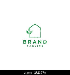 Green House Logo und Blätter in einfachen Linien. Stock Vektor