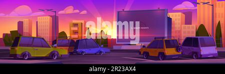 Autokino mit Auto auf Sunset-Cartoon-Vektor. Leinwand im Freien auf Auto-Parkplatz unter violettem und orangefarbenem Himmel mit Sonnenstrahl. Unterhaltung im Freien für Uhrenaufführungen im Auto Stock Vektor