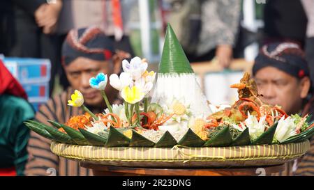 Nasi Tumpeng (Konusreis) serviert mit Urap-Uap (indonesischer Salat), gebratenem Hähnchen und Nudeln. Nasi-Tumpeng wird normalerweise auf Geburtstagspartys serviert Stockfoto