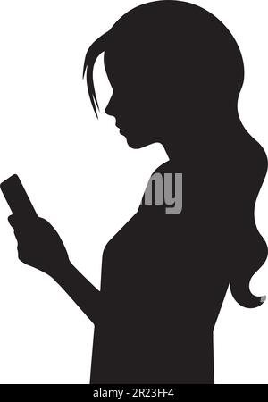 Eine weibliche Silhouette, die Selbstgespräche in der Hand hält, Vektor. Weibliche Silhouette auf weißem Hintergrund mit Mobiltelefon isoliert. Süßes Schwarz und Weiß Stock Vektor