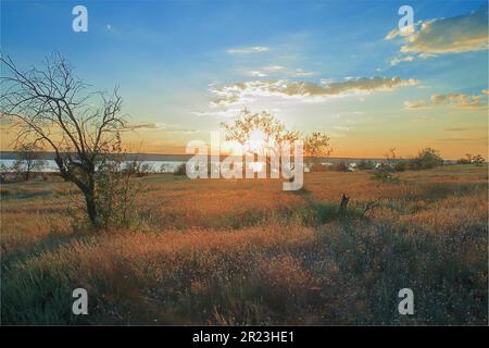 Das Foto wurde in der Nähe der Mündung in der Region Odessa, Kuyalnik genannt, aufgenommen. Das Bild zeigt einen goldenen Sonnenuntergang über dem malerischen Ufer der Flussmündung Stockfoto