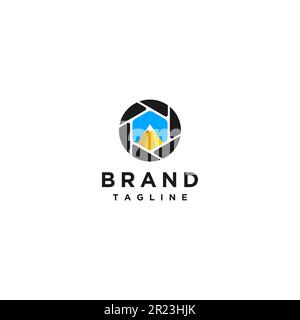 Mountain Top im Kamerafokus-Logo im trendigen Stil. Geeignet für Unternehmen oder Einzelpersonen, die sich auf die Welt der Fotografie konzentrieren. Stock Vektor