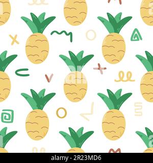 Ananas und Quietschen, nahtloses Sommermuster. Exotischer tropischer Hintergrund. Obst- und Doodle-Elemente für Textilien, Papier, Verpackungen, flach Stock Vektor