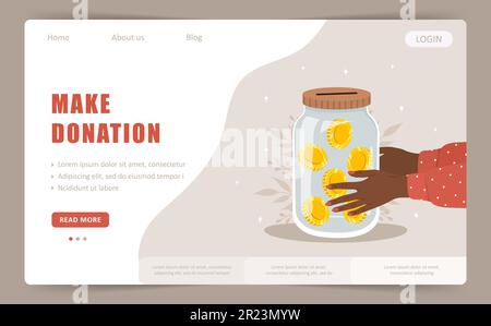 Spende. Landing-Page-Vorlage. Afrikanische weibliche Hände, die ein Glasgefäß voller Goldmünzen halten. Internationaler Wohltätigkeitstag. Fundraising-Konzept Stock Vektor