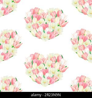 Aquarelle zeichnen eine Verbindung von schönen herzförmigen weißen und pinkfarbenen Tulpen auf weißem Hintergrund. Handgemalte, luxuriöse Blumen. Hohe Qualität Stockfoto