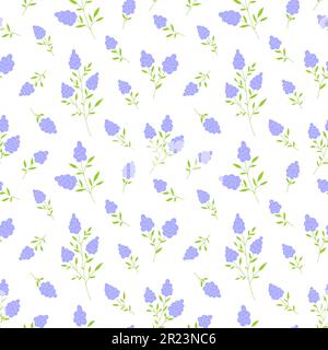 Muscari-Trauben-Hyazinthen blühen nahtlos flach. Violette Blume Mitte des Frühlings zarter moderner Druck wilde Pflanzen Wiese Kräuter Blumen Zweig Textil Tapete Einband Druck weiß Hintergrund Stock Vektor