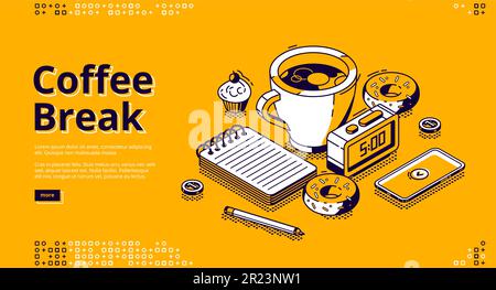 Isometrische Startseite für Kaffeepausen. Tasse mit heißem Getränk, süße Donuts, Smartphone, Notizblock und Wecker mit 5 Uhr Zeit auf dem Wähltisch. Business-Lunch 3D Vektorlinienkunst-Webbanner Stock Vektor