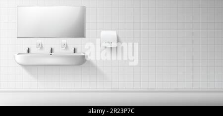 Öffentliche Toilette mit weißem Keramikwaschbecken und Spiegel. Vektorrealistisches Interieur einer leeren Toilette mit Waschbecken und Handtrockner an weiß gefliesten Wänden. Abbildung: Toilette Stock Vektor