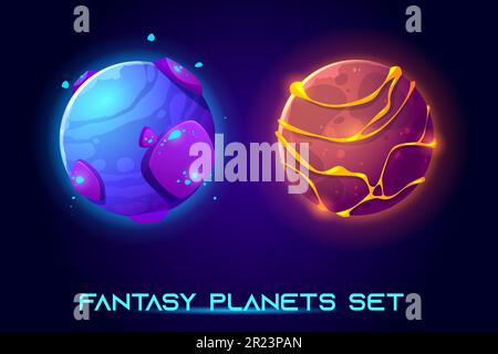 Fantasy-Weltraumplaneten für ui-Galaxie-Spiel. Vektor-Cartoon-Ikonen, magische Alien-Welt, fantastische kosmische Objekte mit Steinen, flüssigem Feuer oder Lava, Löchern. Fantastische Astronomiesammlung Stock Vektor