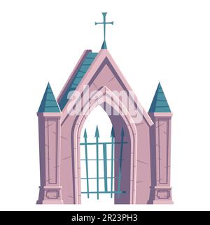 Friedhofstor mit Metallgitter und Kreuz oben, katholische gotische Kathedrale baut Architektur. Europäisches mittelalterliches Wahrzeichen halloween Illustration isoliert auf weißem Hintergrund Cartoon VektorIllustration Stock Vektor