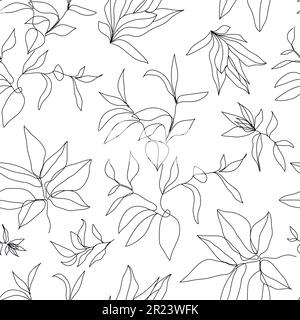 Vektorblumen linearer nahtloser Hintergrund, Pflanzen und Blätter. Ein durchgehendes Linienmuster, handgezeichnet. Monolin-Doodle. Stock Vektor