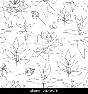 Vektorblumen linearer nahtloser Hintergrund, Pflanzen und Blätter. Ein durchgehendes Linienmuster, handgezeichnet. Monolin-Doodle. Stock Vektor