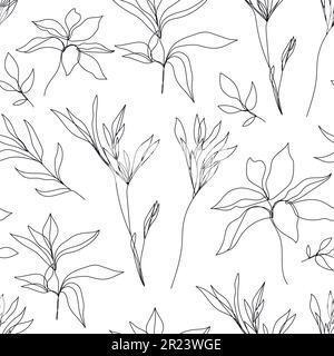 Vektorblumen linearer nahtloser Hintergrund, Pflanzen und Blätter. Ein durchgehendes Linienmuster, handgezeichnet. Monolin-Doodle. Stock Vektor