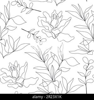 Vektorblumen linearer nahtloser Hintergrund, Pflanzen und Blätter. Ein durchgehendes Linienmuster, handgezeichnet. Monolin-Doodle. Stock Vektor