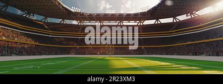 3D Rendern Sie ein Bild des american Football Stadions mit gelbem Torpfosten, Grasfeld und verschwommenen Fans auf dem Spielplatz Stockfoto