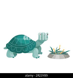Grüne süße Schildkröte mit Fressschale. Vektor-Cartoon-Illustration. Stock Vektor