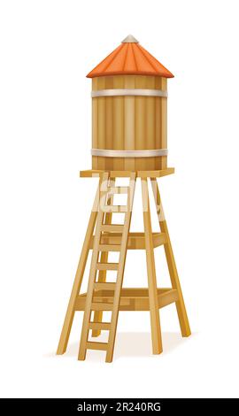 Alter Wasserturm für die Wasserversorgung auf einem landwirtschaftlichen Vektor, isoliert auf weißem Hintergrund Stockfoto