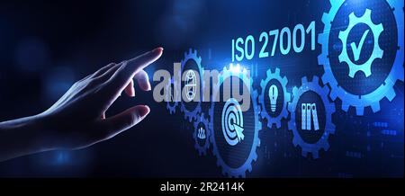 ISO 27001 Standard Zertifizierung Standardisierung Qualitätskontrollkonzept am Bildschirm. Stockfoto
