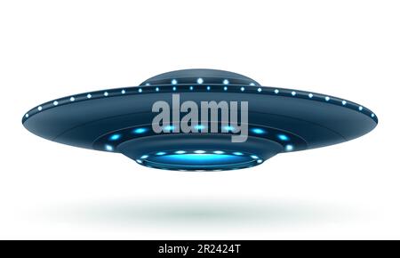 ufo-Raumfliegende Untertasse Außerirdisches Schiff Lichtvektor-Illustration isoliert auf weißem Hintergrund Stock Vektor