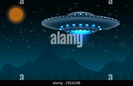 ufo-Raumfliegende Untertasse Außerirdisches Schiff Lichtvektor-Illustration isoliert auf weißem Hintergrund Stock Vektor