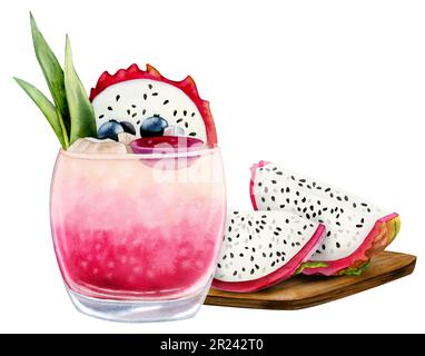 Drachenfrucht-Cocktail-Limonade mit Pitaya-Scheiben auf Holzplatte, Aquarellbild. Frisches, saftiges Getränk für den Sommer Stockfoto