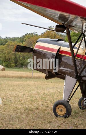 Detail eines klassischen Flugzeugs auf dem Spielfeld. Biplanar. Radialmotor mit neun Zylindern. Querformat im Hintergrund. Stockfoto