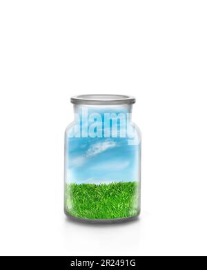 Landschaft mit grünem Rasen in einer Chemikalienflasche auf weißem Hintergrund. Komisches ökologisches und nachhaltiges Konzept. Stockfoto